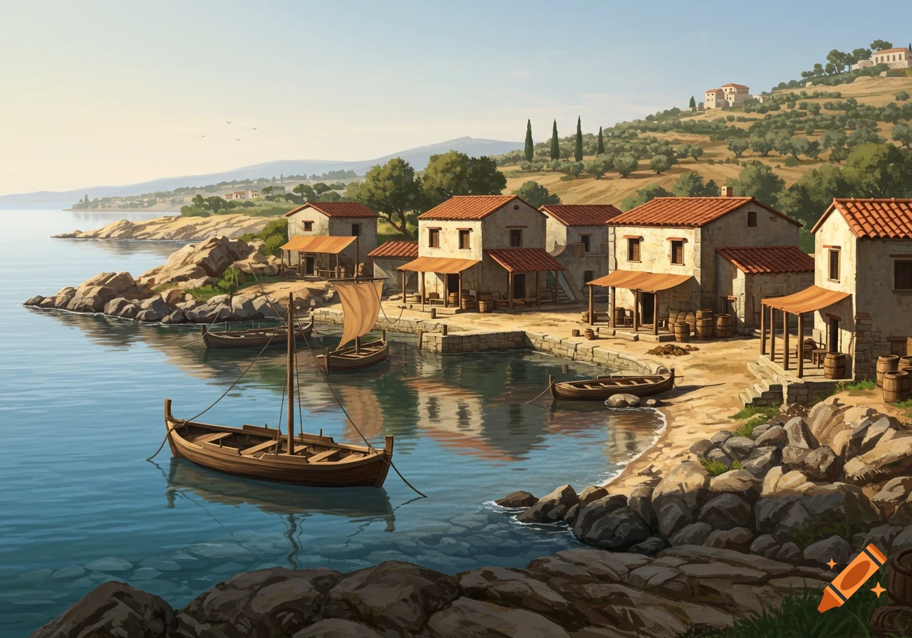 Illustration of a small ancient Roman harbour with boats and buildings on the shore.