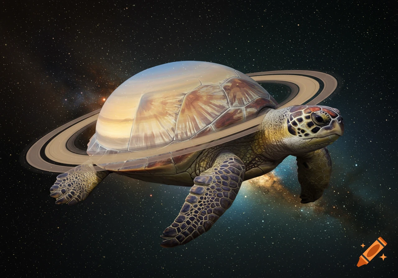 A realistic turtle with Saturn's rings floats in space.