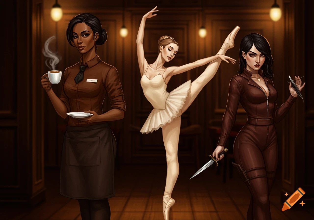 Digital painting of three women: a waitress with coffee, a ballerina, and a woman with a knife.