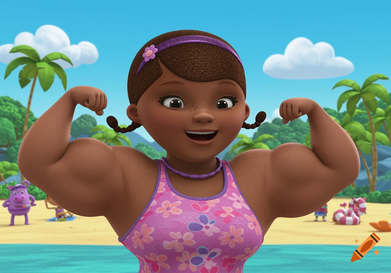 Cartoon girl flexing muscles at the beach