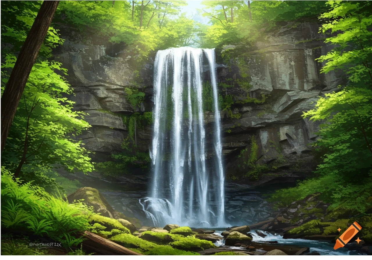 Digital painting of a tall waterfall flowing down a rocky cliff surrounded by lush green forest.