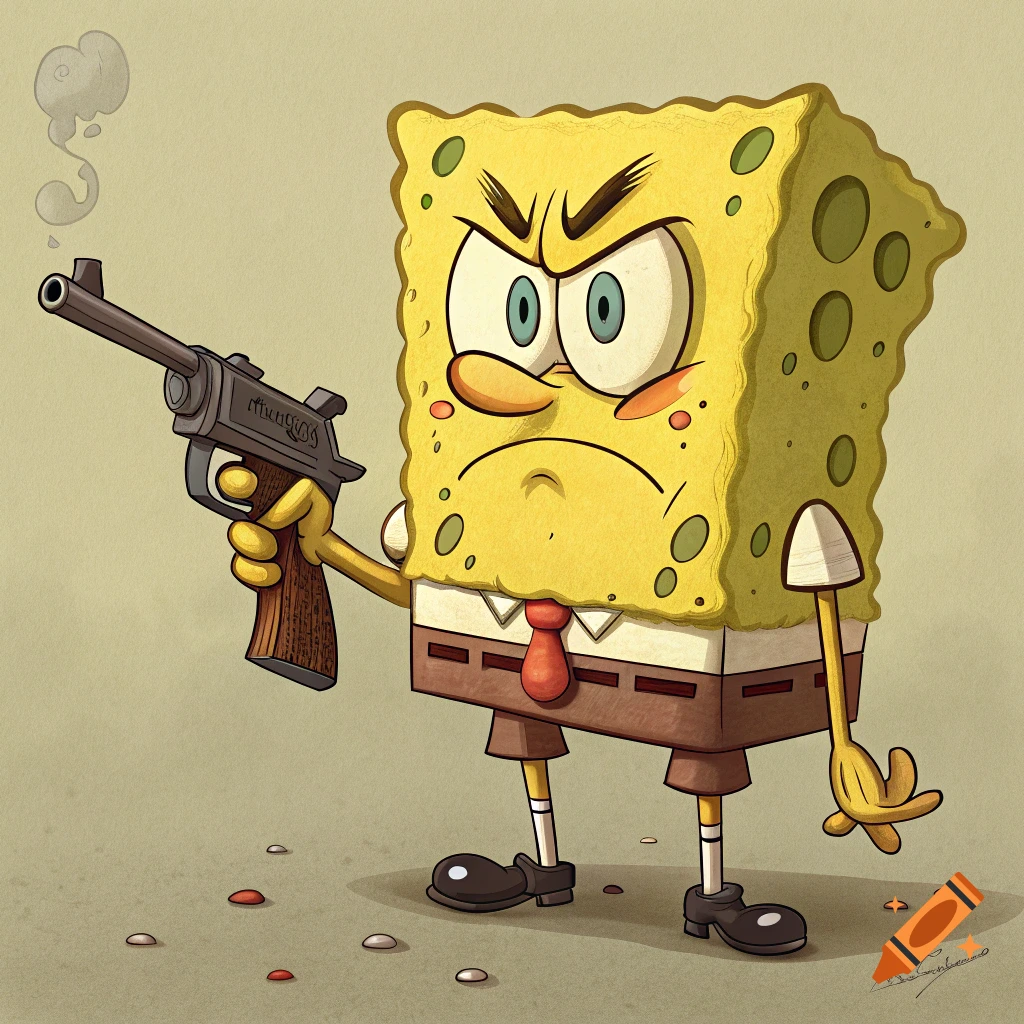 Cartoon Spongebob character looking angry while holding a smoking gun ...
