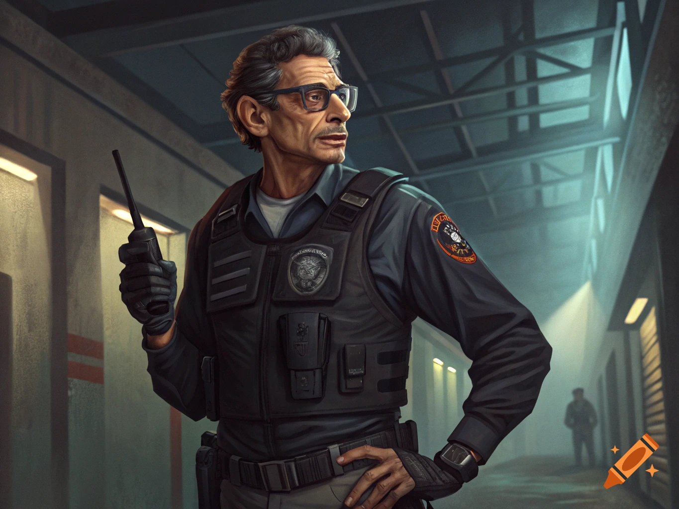 Stylized illustration of man in tactical vest holding radio in warehouse