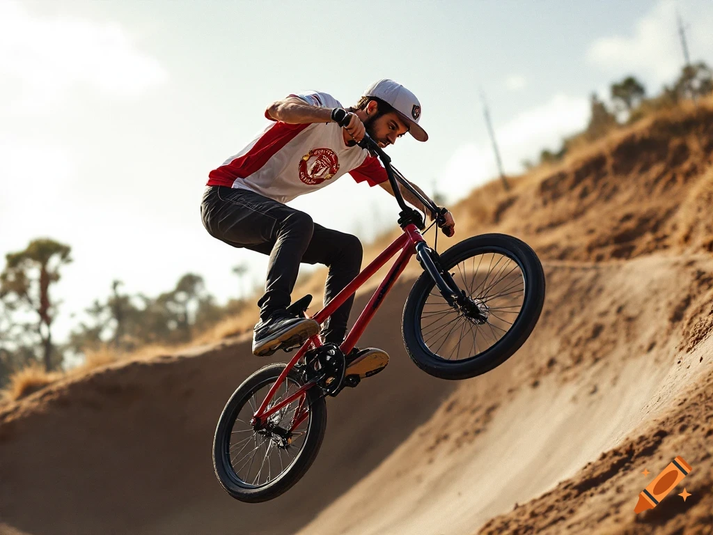 Person on a BMX bike doing a jump on a dirt track.