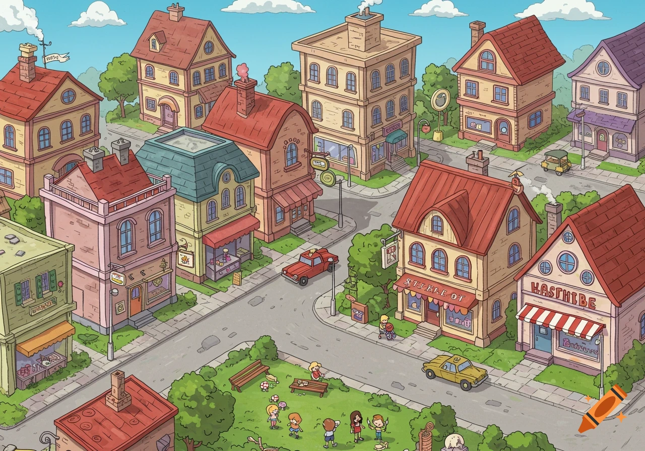 A detailed cartoon illustration of a town with buildings, streets, cars, and people.