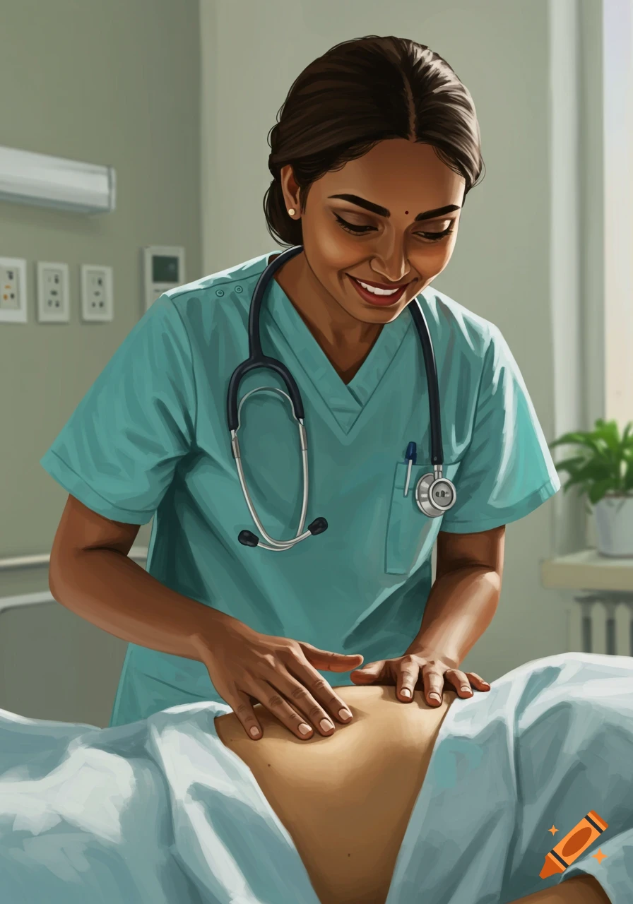 A doctor performs an abdominal examination on a patient.