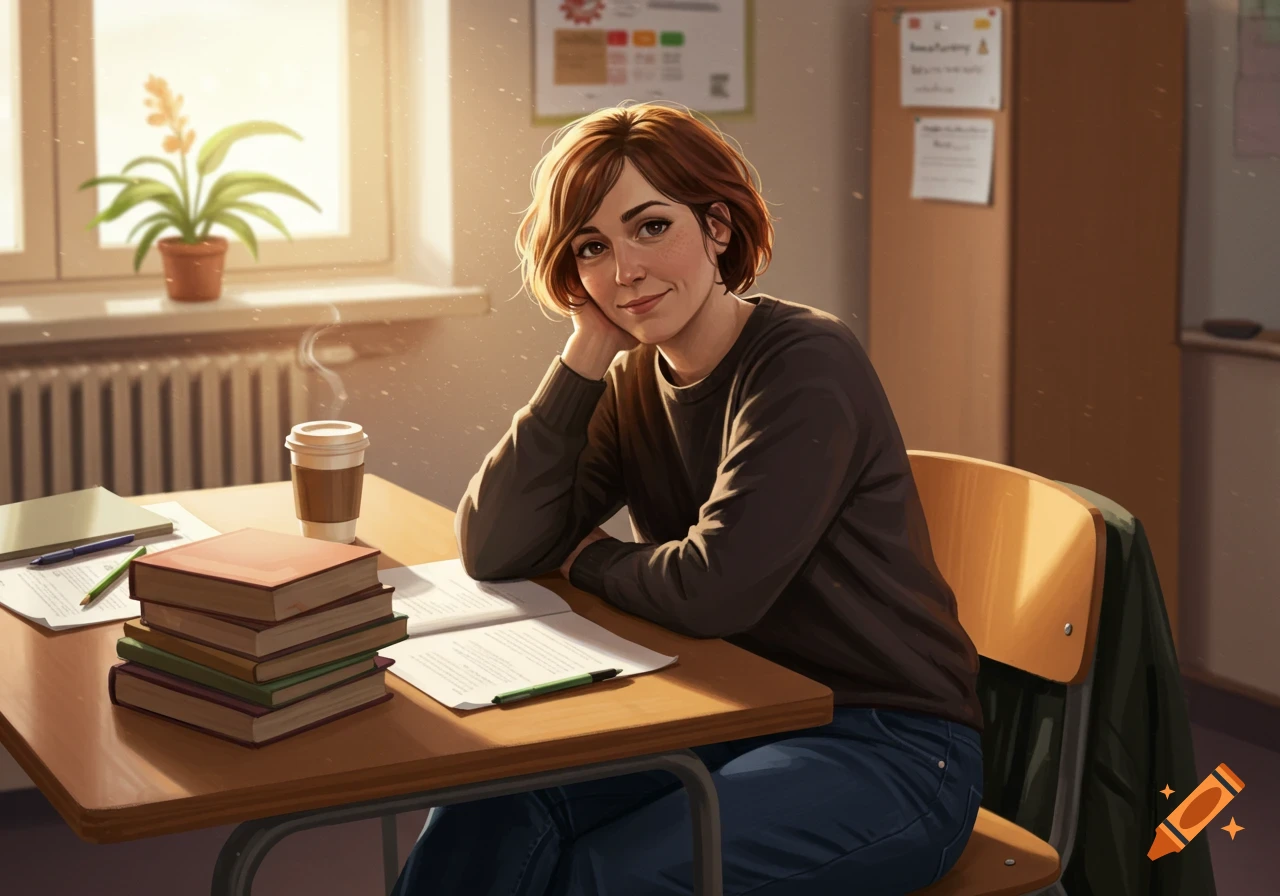 A female teacher with short brown hair sits casually at a classroom desk with books and papers.