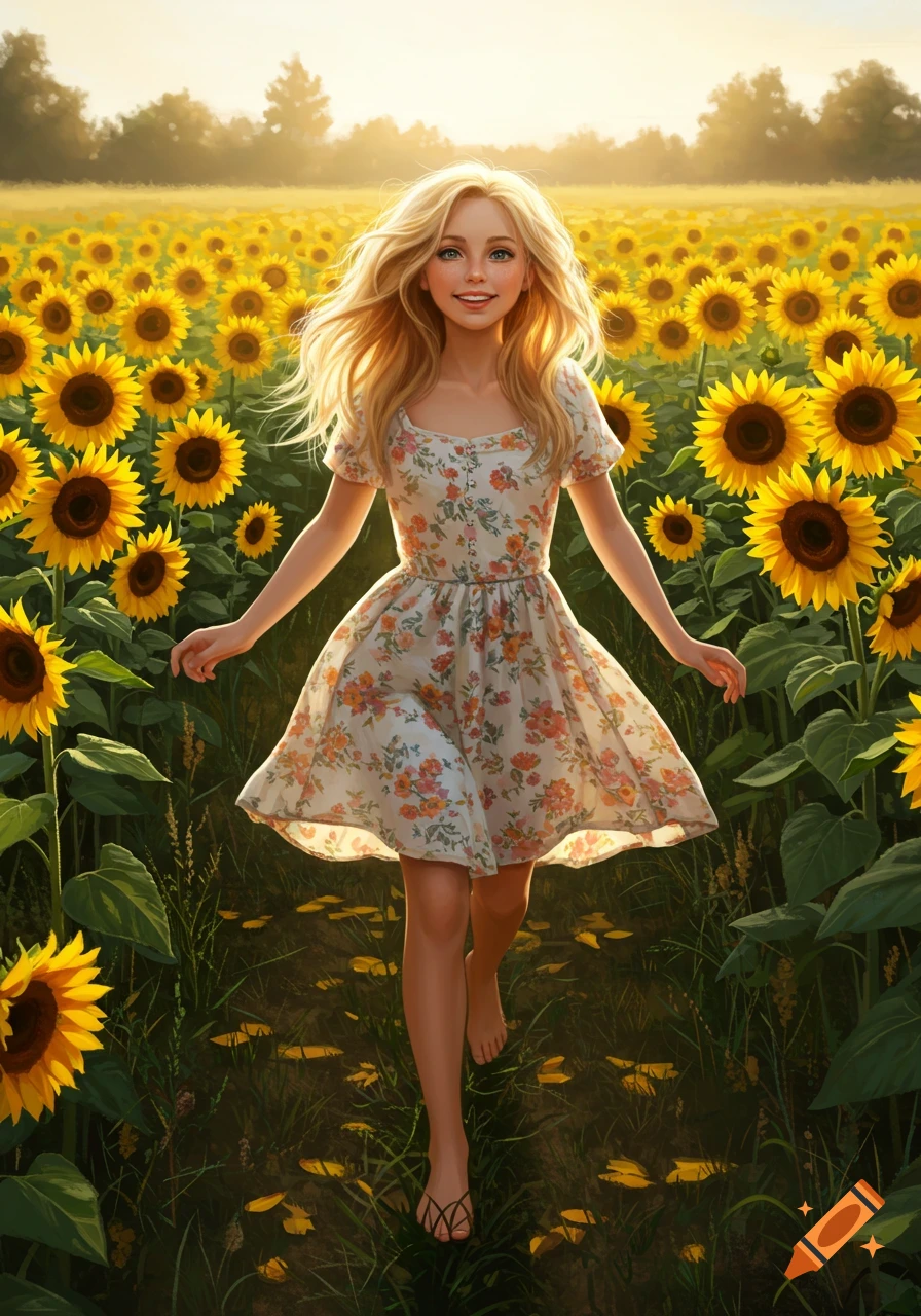 A blonde girl in a floral dress walks through a field of sunflowers at sunset.