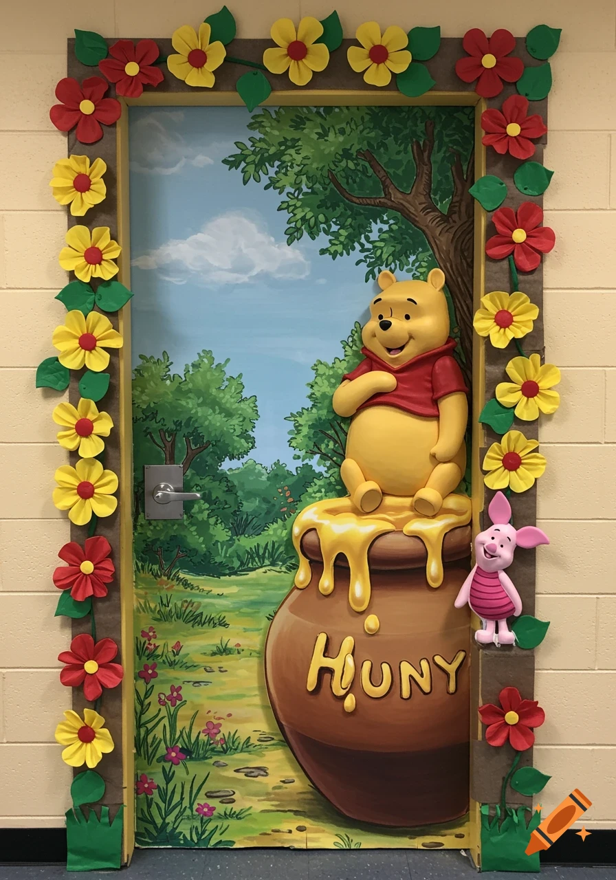 A classroom door decorated with Winnie the Pooh theme. It features 3D cut-outs of Winnie the Pooh on a honey pot labeled "HUNY" and Piglet, surrounded by fabric flowers and leaves.