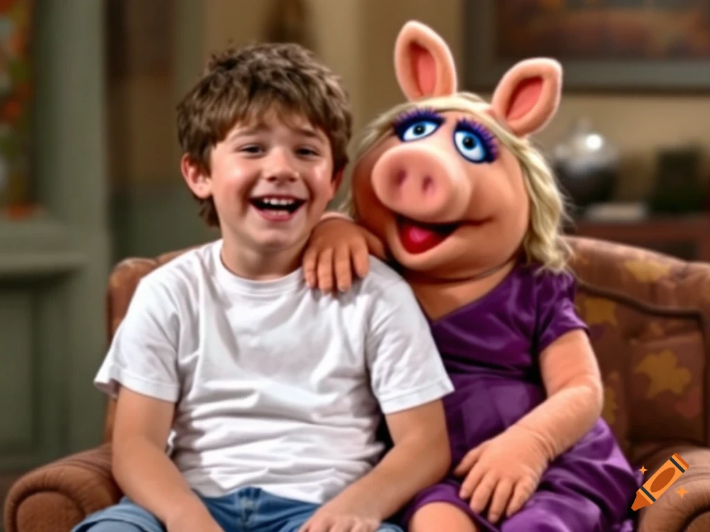 A young boy smiles next to Miss Piggy on a couch.