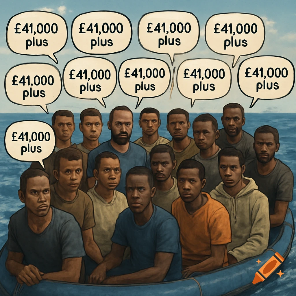 Illustrative image of multiple men in a boat on the sea with speech bubbles stating '\u00a341,000 plus'