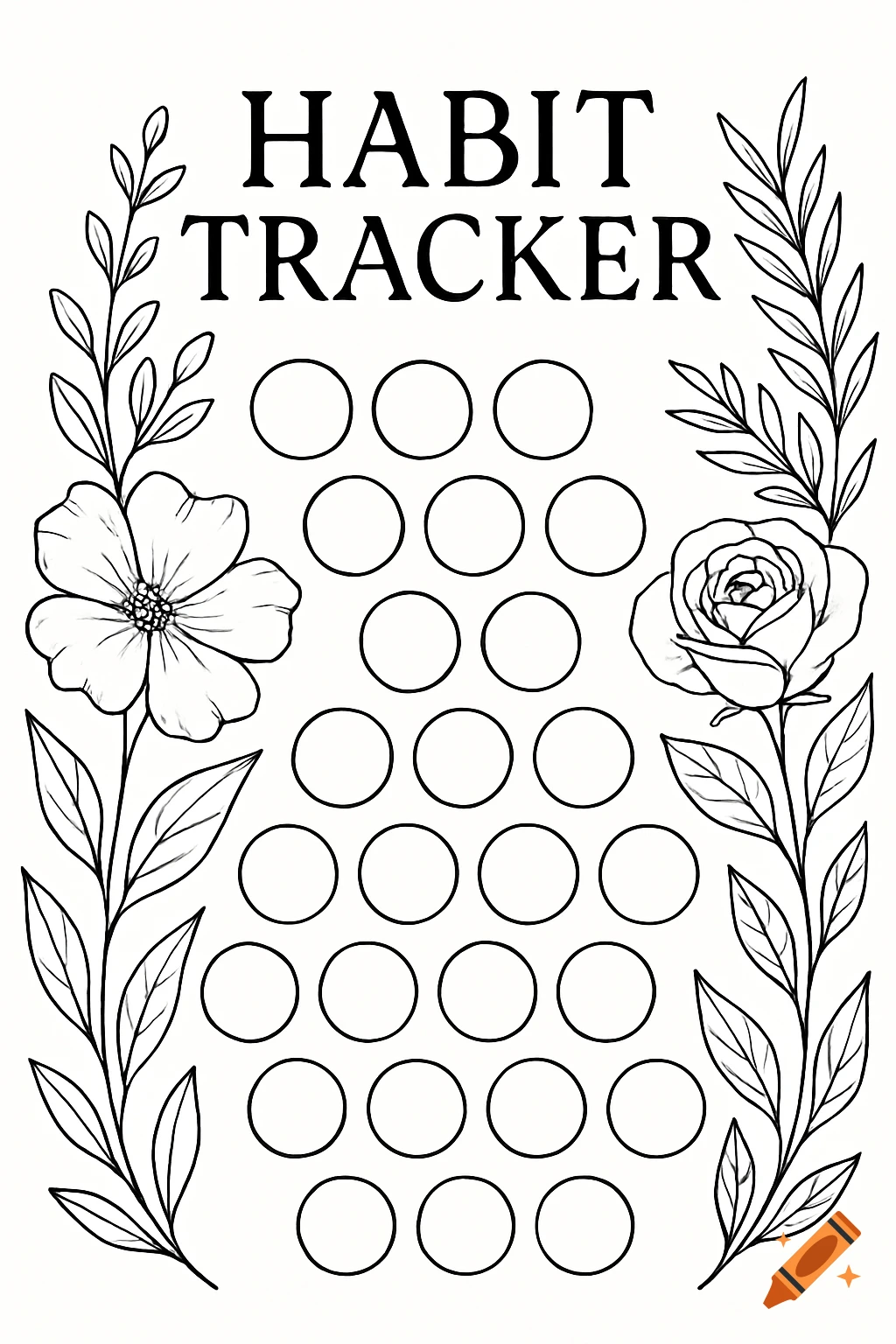 Black and white line art of a habit tracker with 31 circles, framed by a flower and leaves on the left and a rose and leaves on the right. Text at the top says HABIT TRACKER.