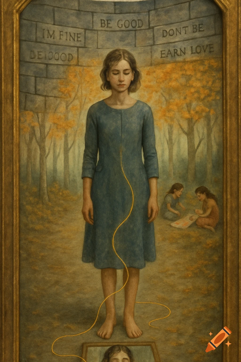 Symbolic painting: woman with thread, wall text, reflection, girls, forest background.