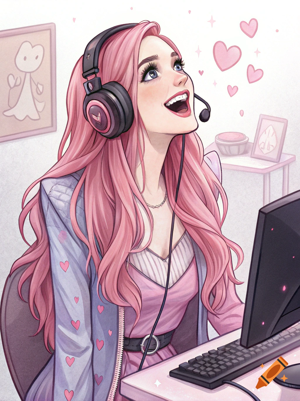 Anime illustration of a young woman with pink hair and headphones at a computer desk