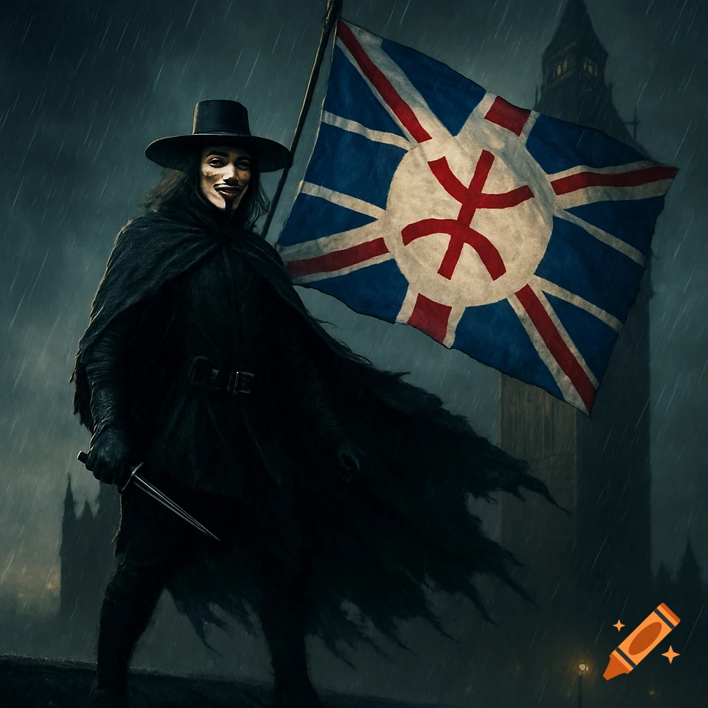 V from V for Vendetta with mask, cloak, and hat holds modified British flag and knife in rainy London near Big Ben.