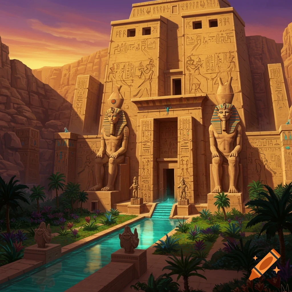 Fantasy ancient Egyptian temple carved into a cliff, with colossal statues, hieroglyphs, a pool, and gardens under a sunset sky.