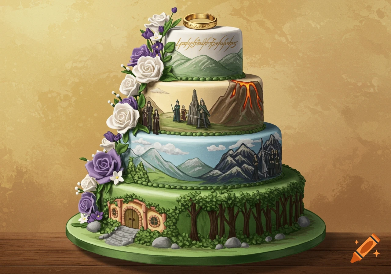 Four-tier Lord of the Rings themed cake with scenes, flowers, and the One Ring on top.