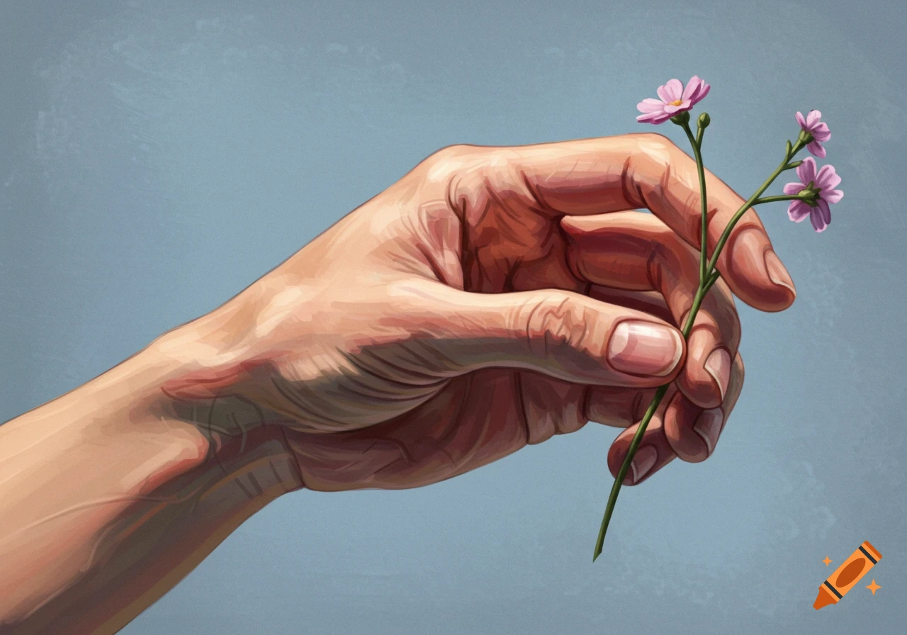 A hand holds small pink flowers against a blue background.