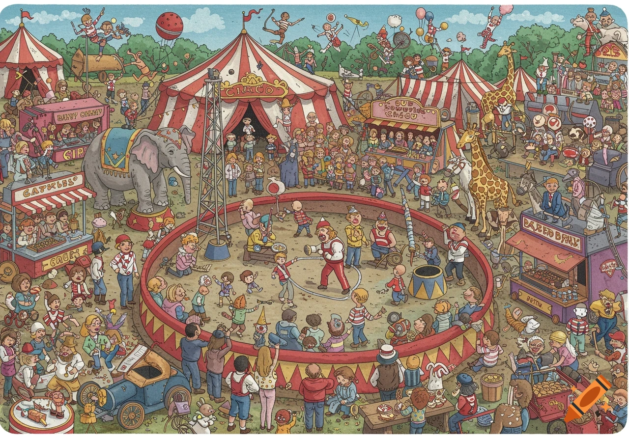 A highly detailed illustration of a bustling circus scene with performers, audience, animals like elephants and giraffes, and food vendors.