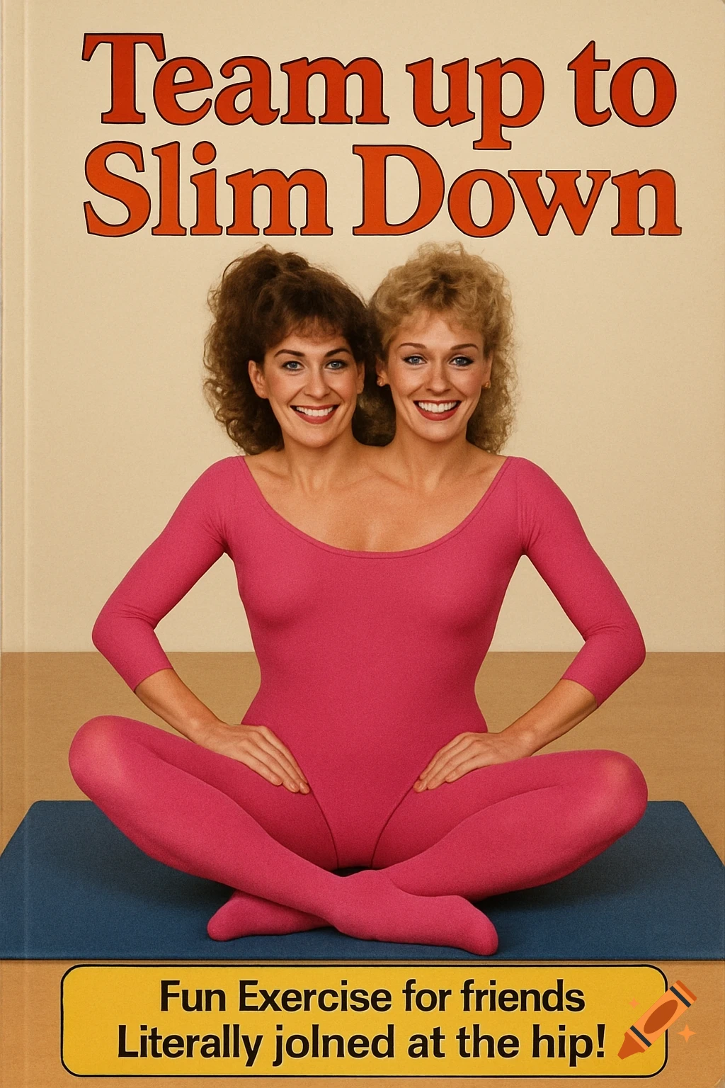 1980s exercise book cover with two women joined at the hip in a pink leotard, sitting on a mat. Text says Team up to Slim Down.