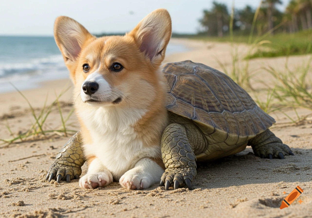 A corgi dog with a turtle shell and legs sits on a sandy beach near the water.