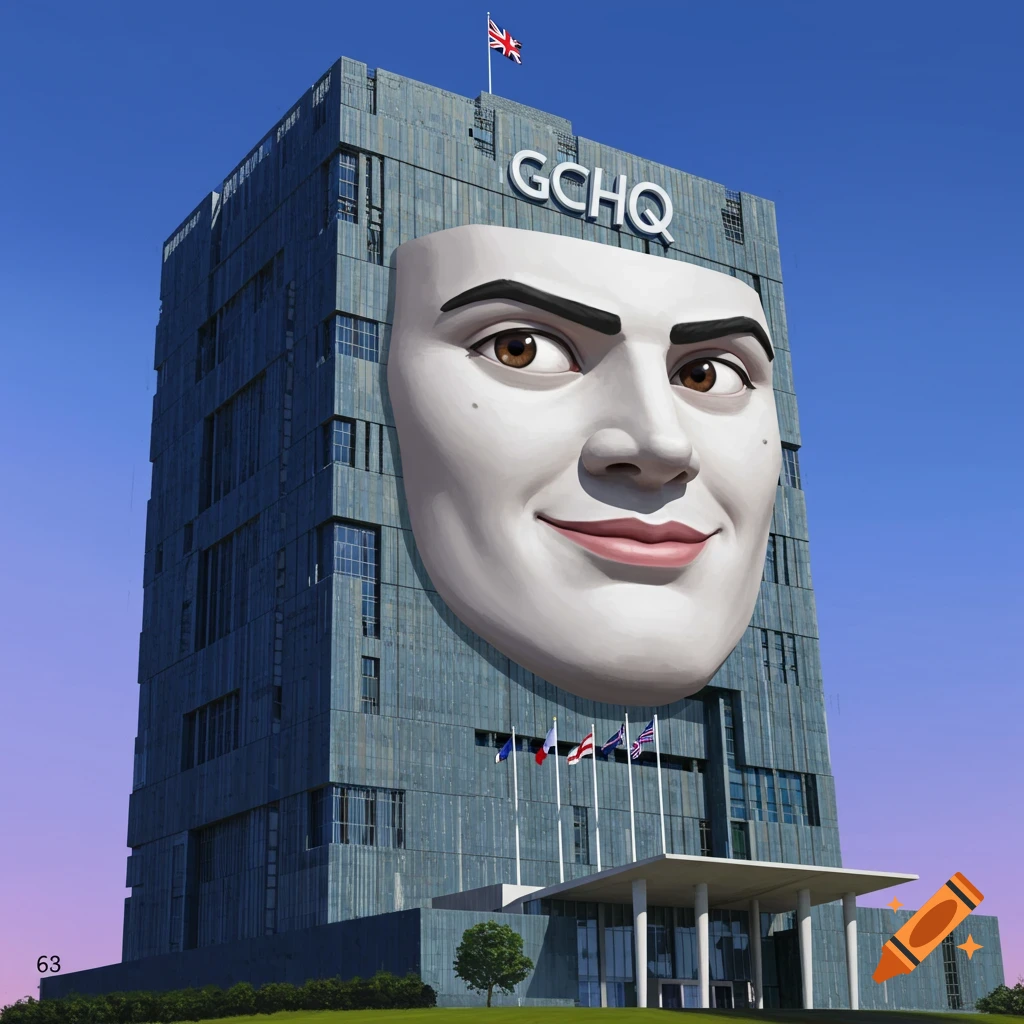 Building with a large face facade flying UK flag