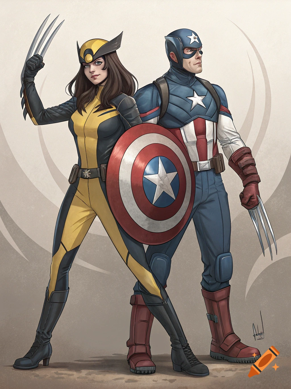Laura Kinney (Wolverine) and Captain America stand side-by-side in comic art style.