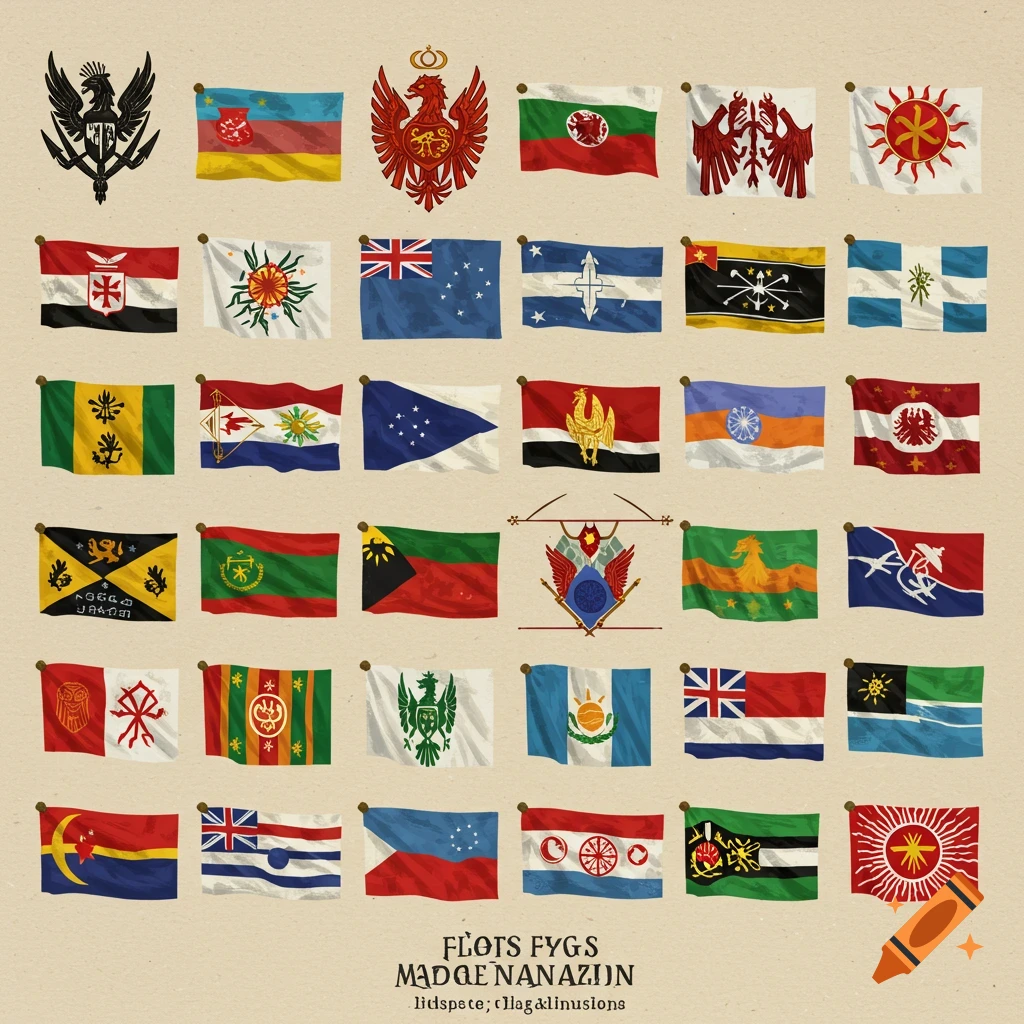 A grid displaying various stylized flags and emblems of fictional countries on a light background.