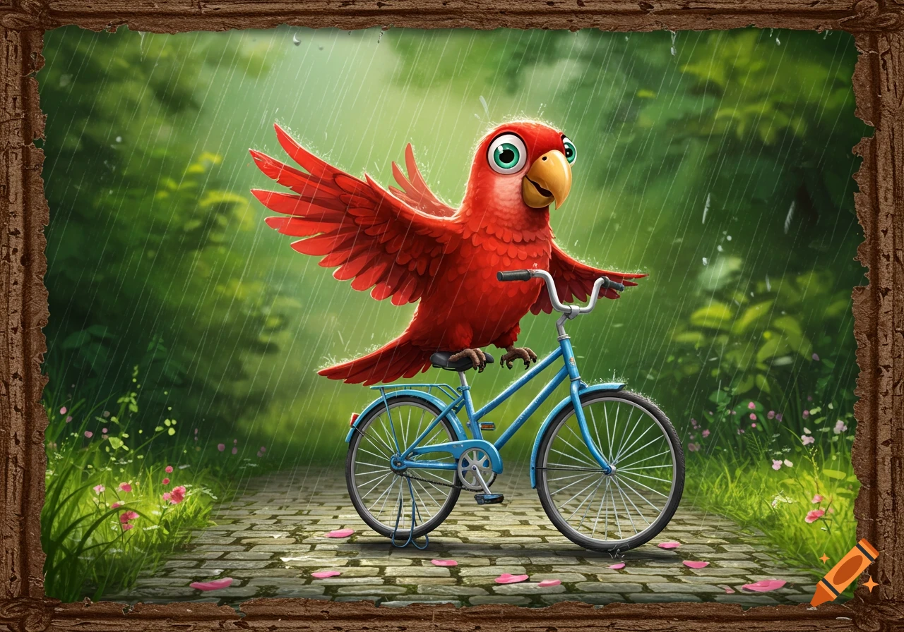 A red cartoon parrot rides a blue bicycle on a cobblestone path in the rain, framed by a wooden border.