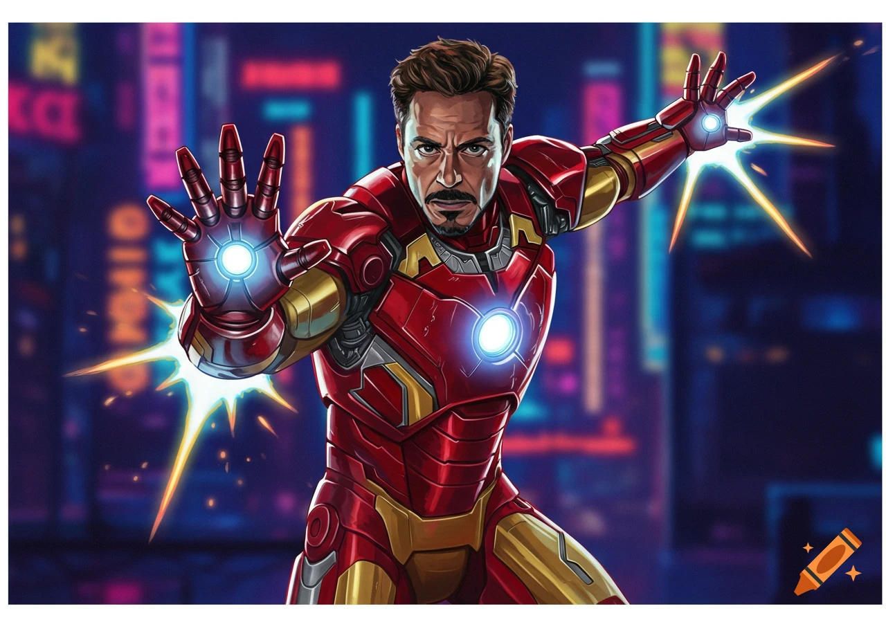 Iron Man in his red and gold armor shooting repulsor rays in a city.