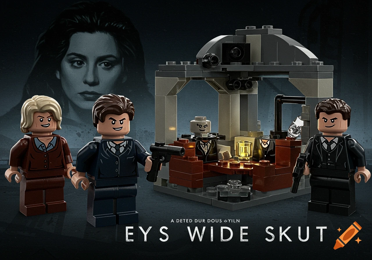 Lego set based on Eyes Wide Shut with minifigures and a background portrait.