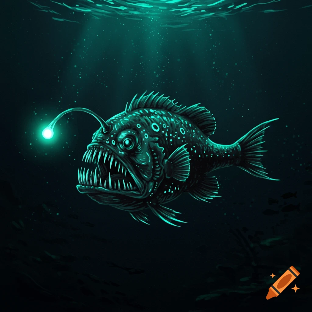 Illustration of an anglerfish with a glowing lure in the deep sea.