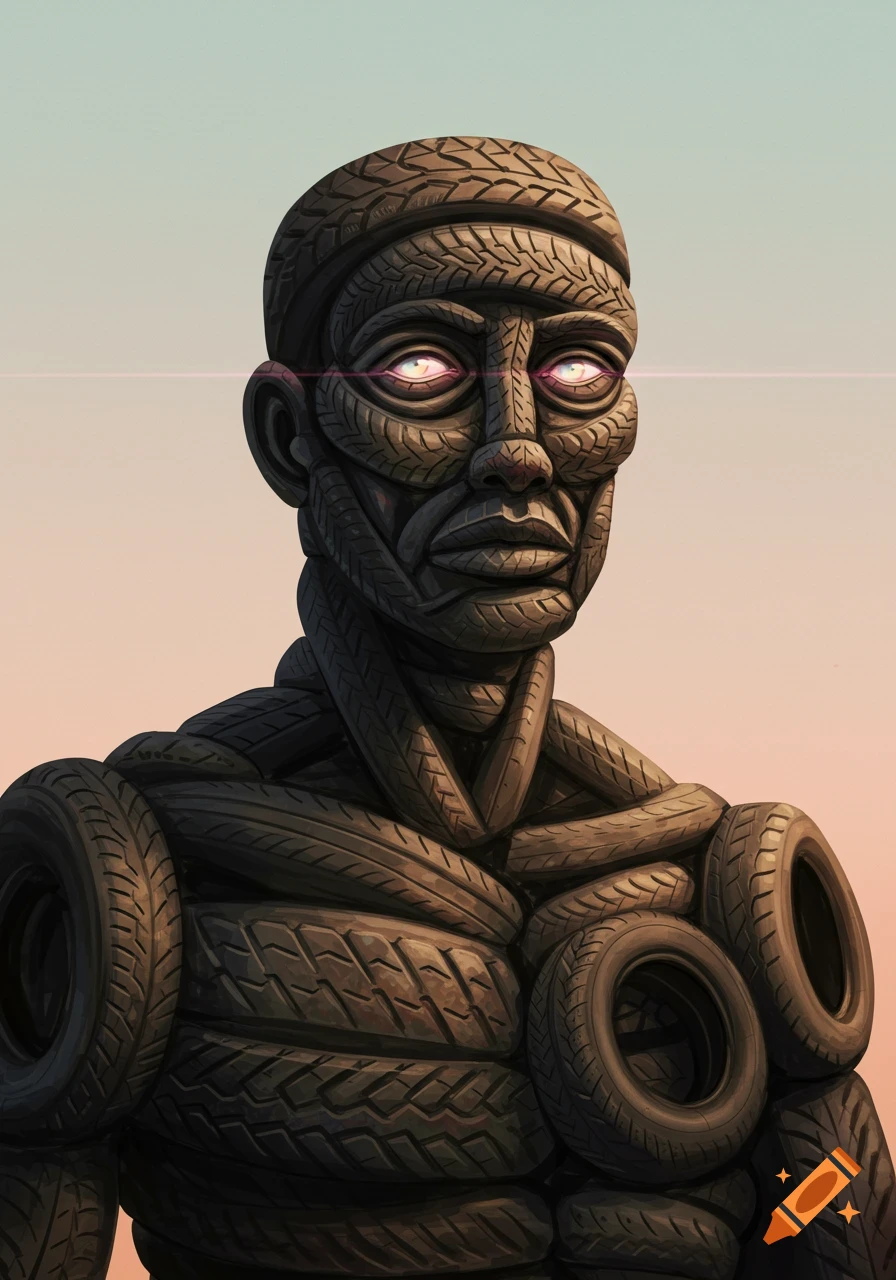 Sculpture of a human figure made entirely out of tires.