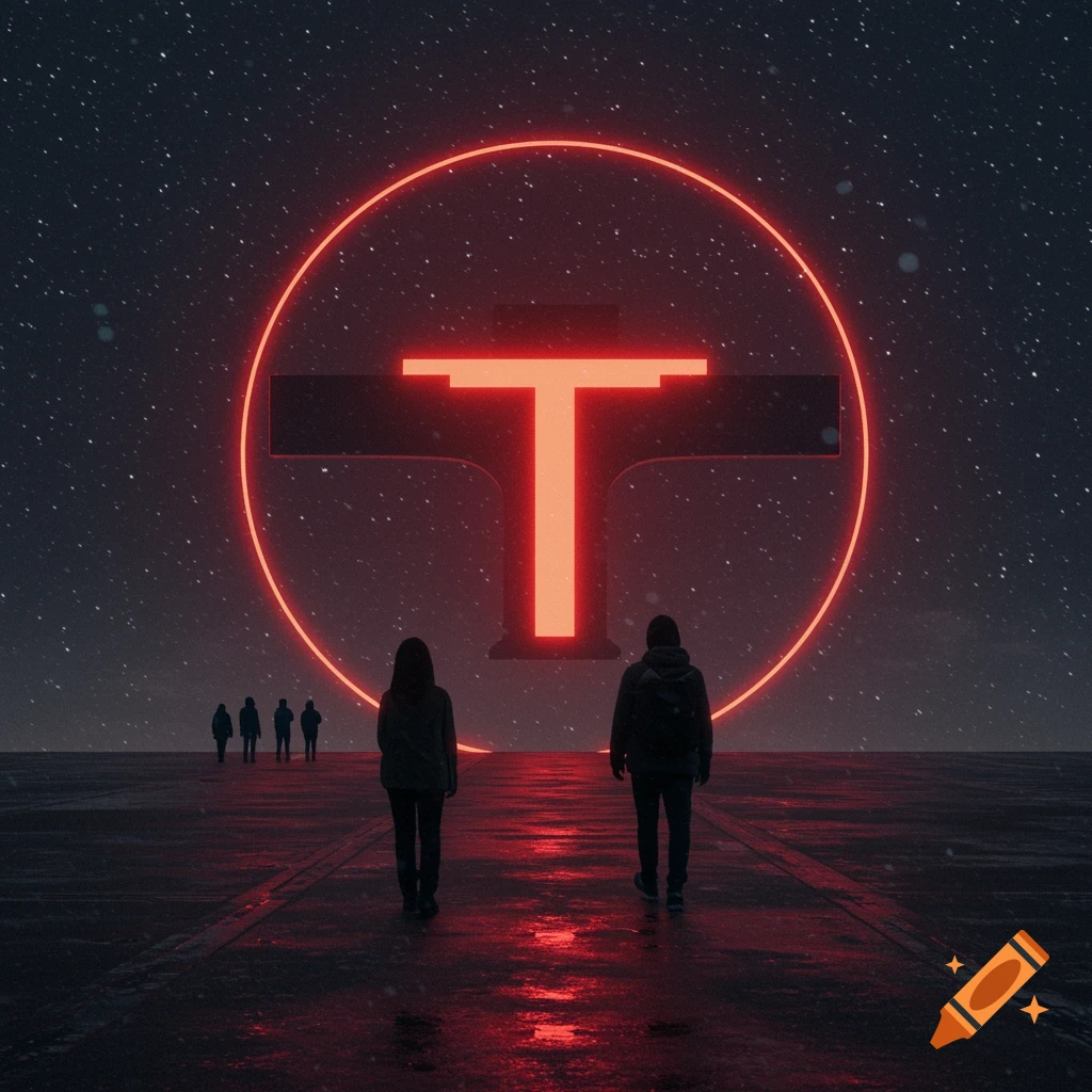 Figures look at a large glowing red T symbol under a starry sky with snow.