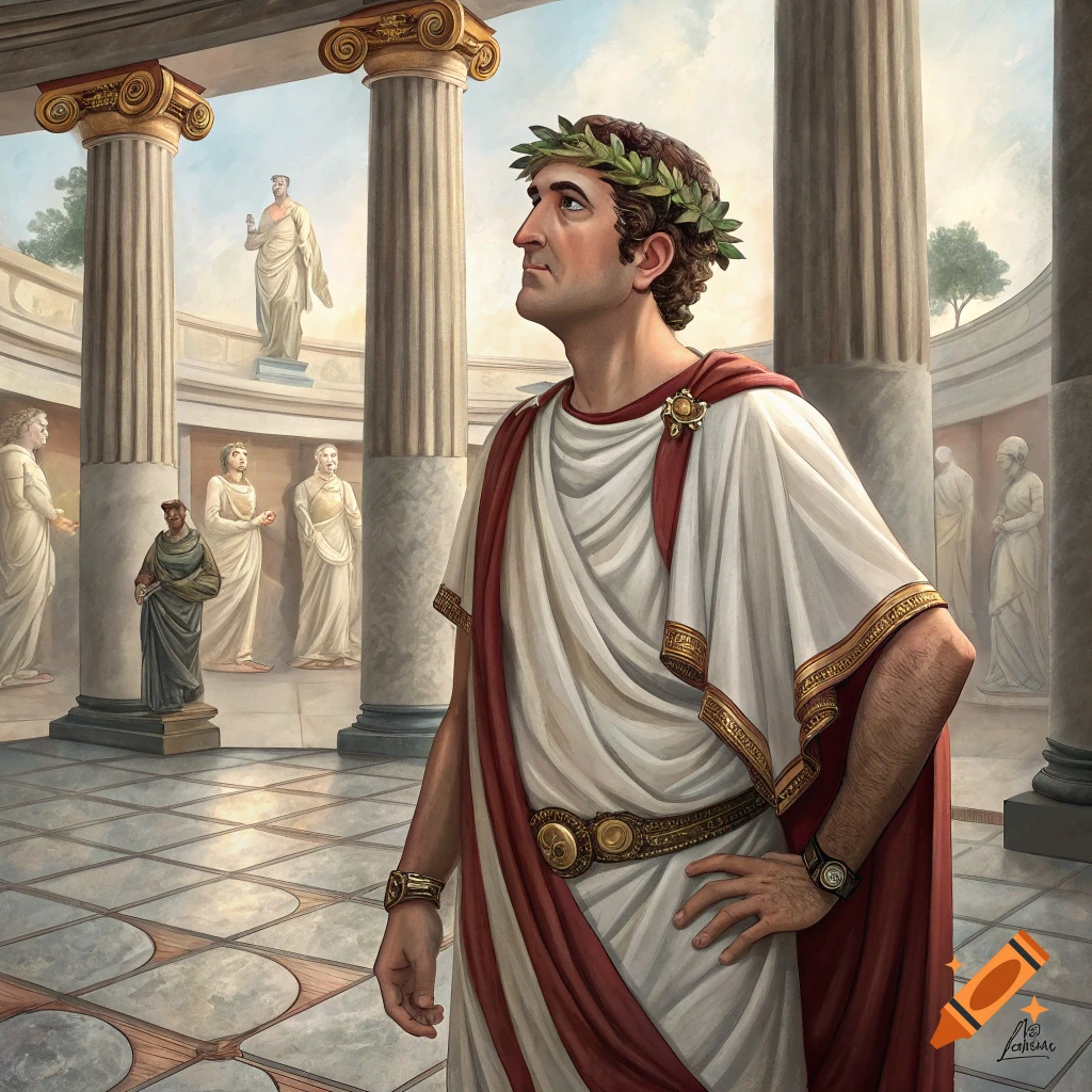 A man in a toga and laurel wreath stands in a classical Roman building among statues.