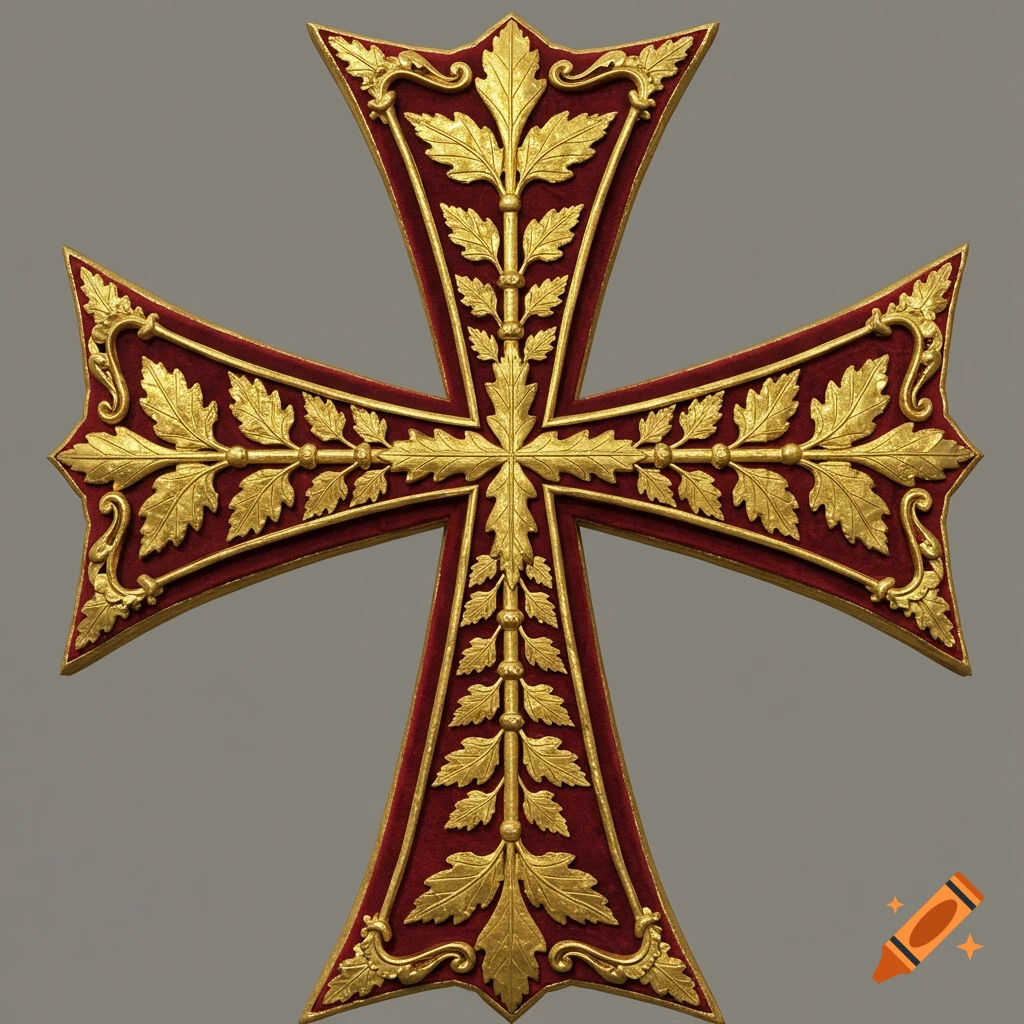 A decorative cross made of red velvet with gold leaf patterns.