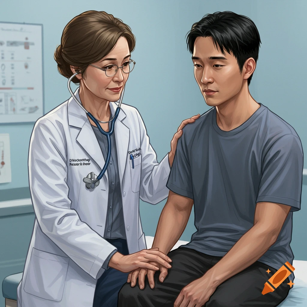 Digital illustration of a doctor examining a patient in a clinic.