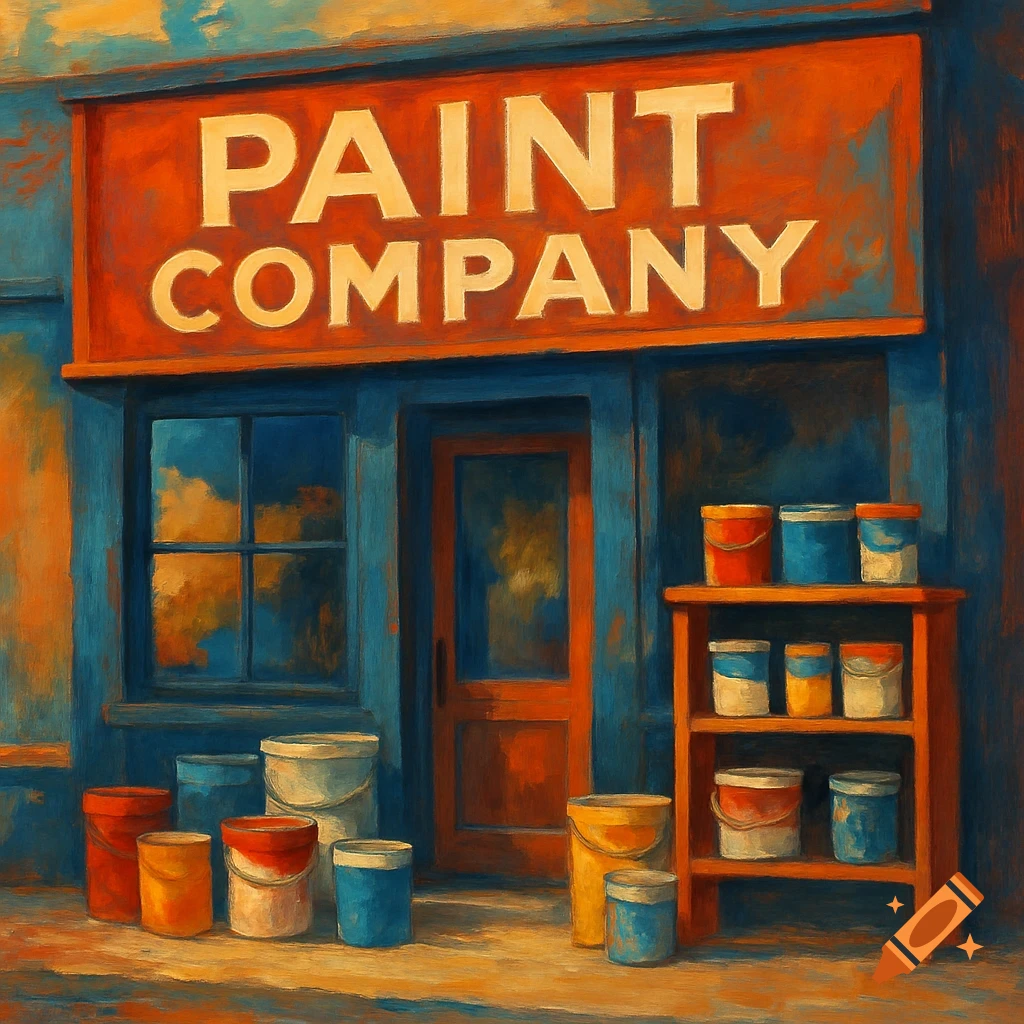A painterly image of a paint company storefront with buckets of paint outside.
