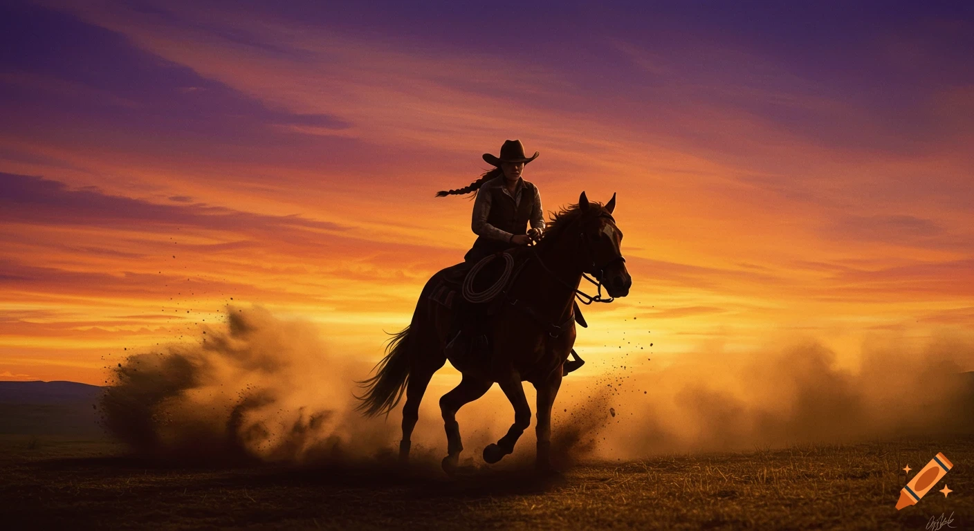 Silhouette of a cowgirl riding a horse through dust at sunset