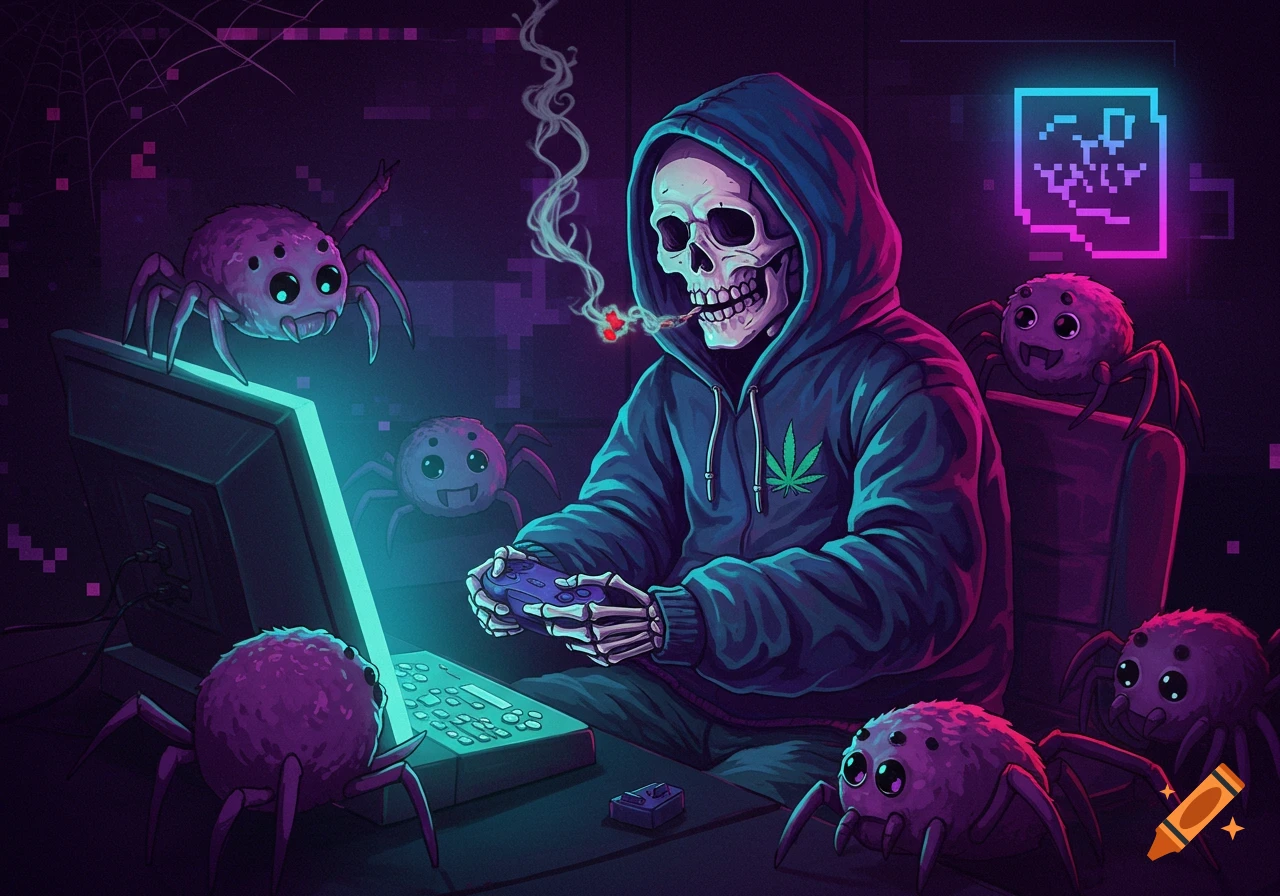Cartoon skeleton in a hoodie plays video games in a dark cyber room filled with cute spiders.