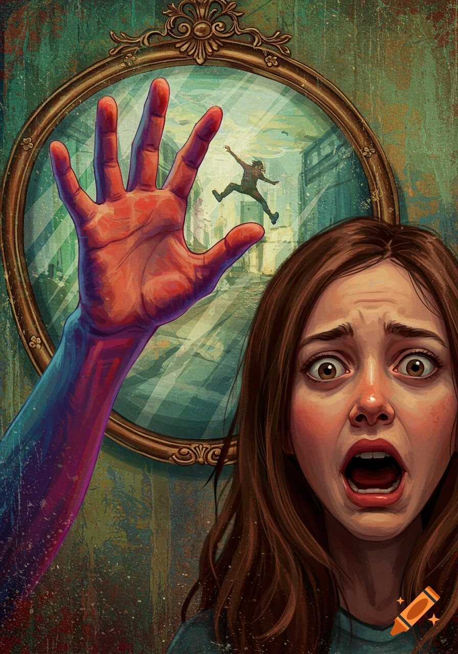 An illustration of a screaming woman with a large hand in the foreground reaching toward a mirror showing a small figure jumping.