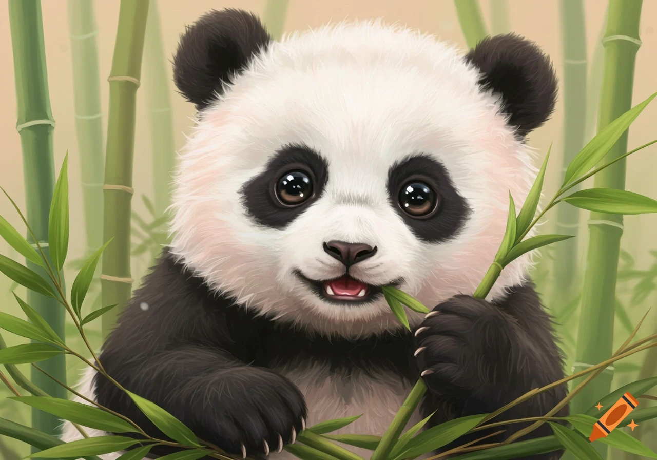 Cute illustrated baby panda eating bamboo.