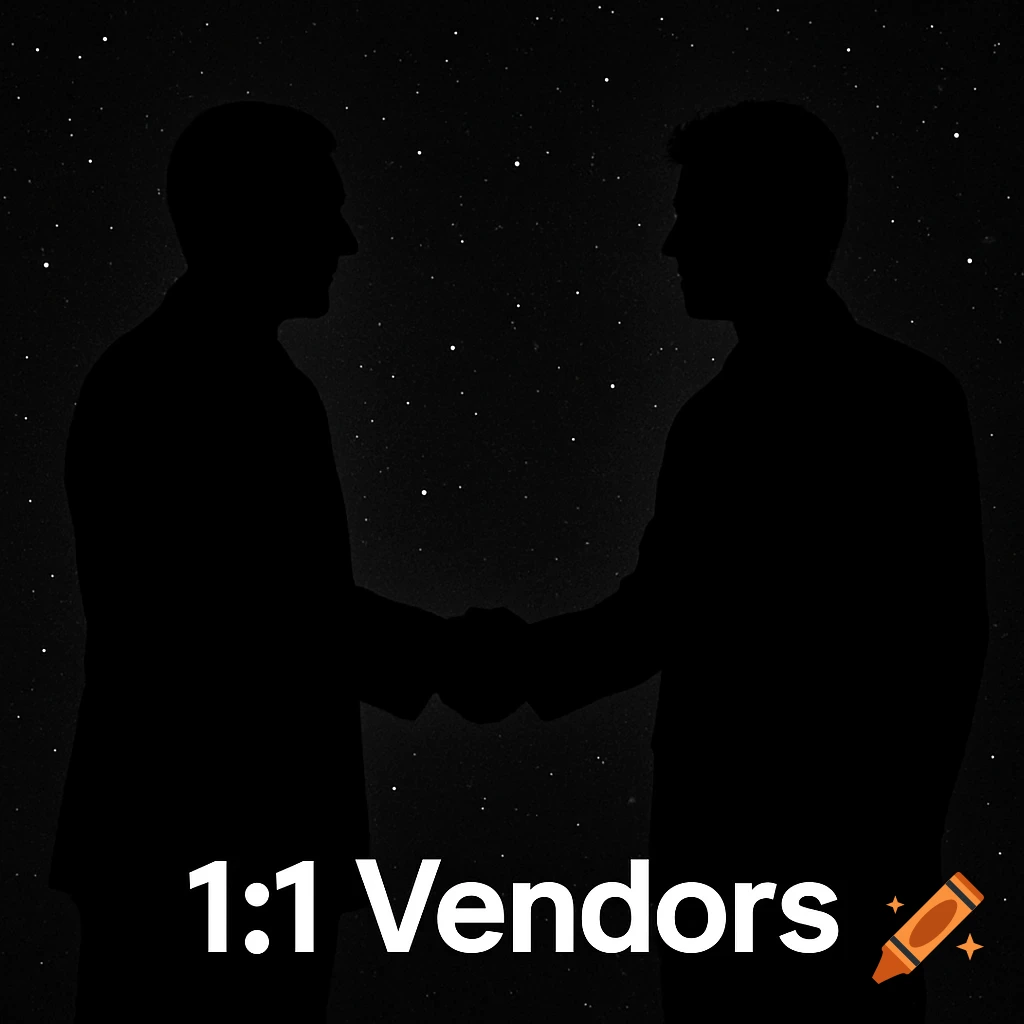 Two black silhouettes of people shaking hands against a starry background with the text 1:1 Vendors.