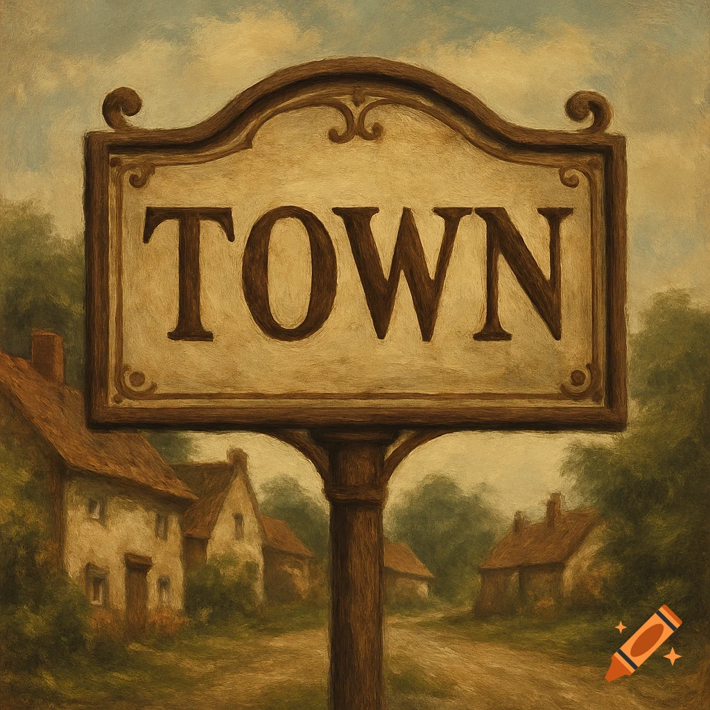 Vintage painting of a sign saying TOWN in a village scene.