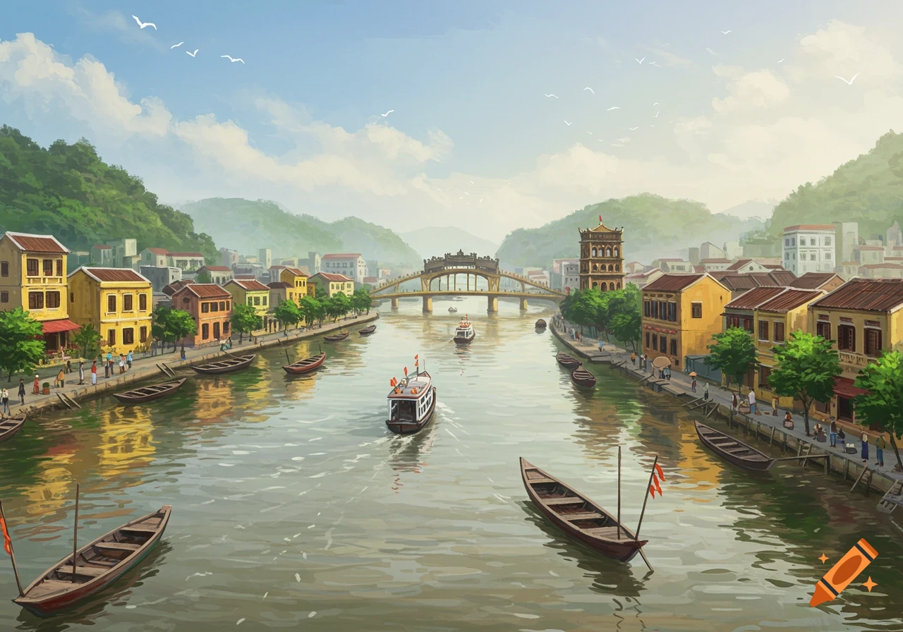 Painting of a city on a river with boats and people along the banks