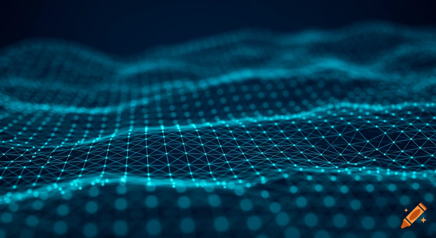 Undulating abstract network mesh with glowing blue dots on a dark background.