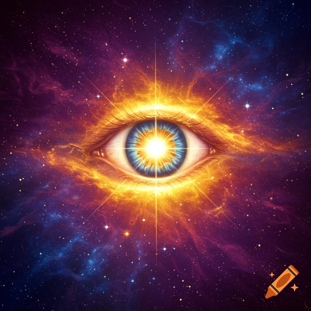 A glowing eye centered in a cosmic nebula with stars.