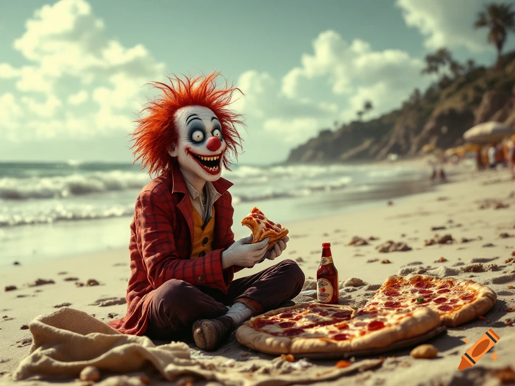A scary clown sits on a beach eating pizza.