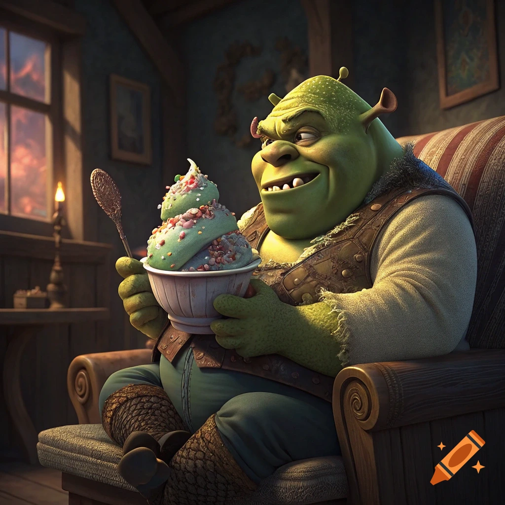 Shrek sits in an armchair, holding a bowl of large ice cream and a spoon.