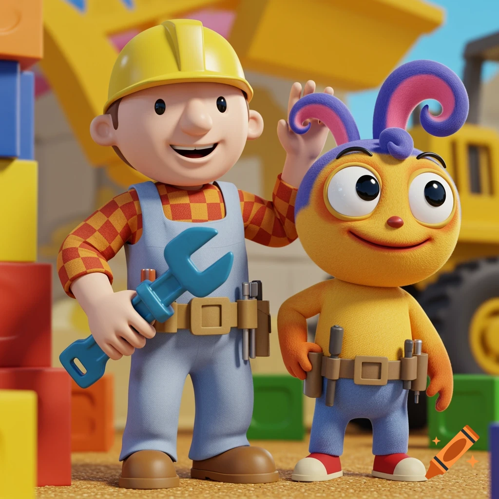 Bob The Builder and a yellow fuzzy creature stand together in a construction scene.